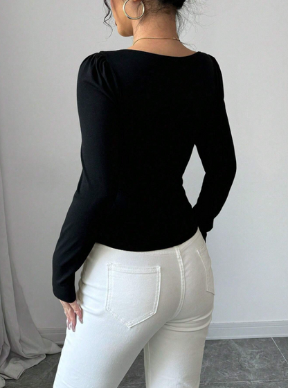 Women’s Elegant Colorblock Long Sleeve T-Shirt – Slim Fit Sweetheart Neck, Asymmetric Hem Top