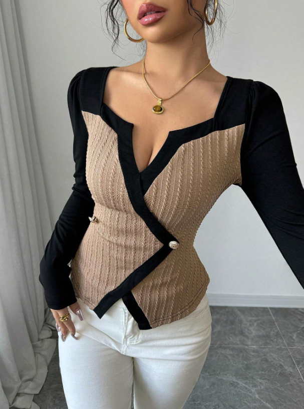 Women’s Elegant Colorblock Long Sleeve T-Shirt – Slim Fit Sweetheart Neck, Asymmetric Hem Top