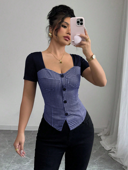 Chic Plaid Short Sleeve Slim Fit T-Shirt for Women – Elegant Square Neck Button Front Casual Office Wear Top