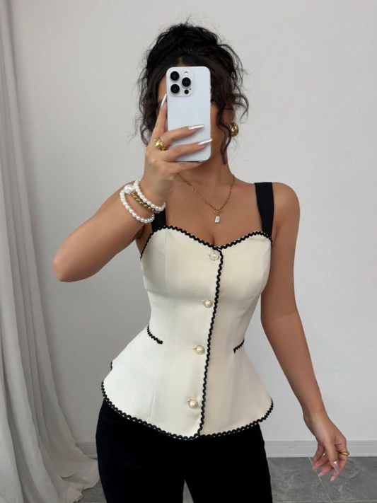 Elegant Apricot Contrast Trim Cami Top – Cinched Waist Frill Hem Crop Top with Button Front for Trendy Casual Looks