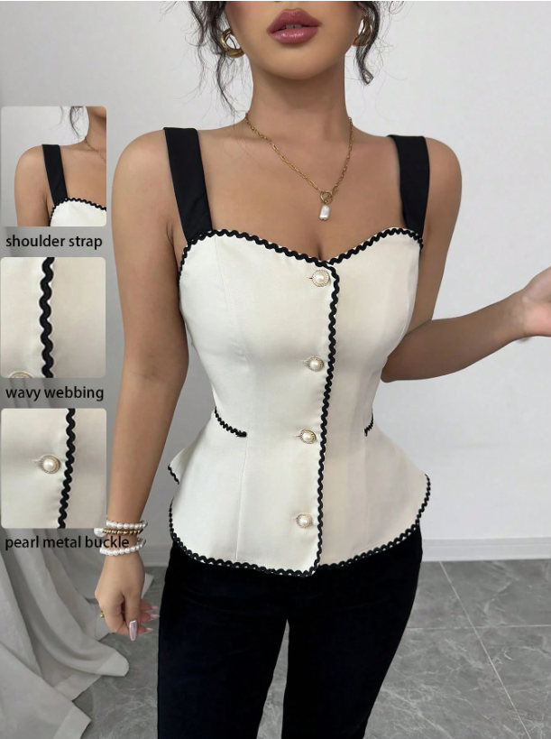 Elegant Apricot Contrast Trim Cami Top – Cinched Waist Frill Hem Crop Top with Button Front for Trendy Casual Looks