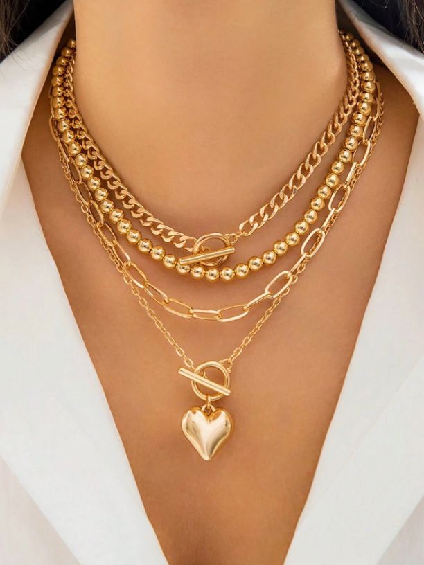 4-Piece Gold Layered Heart Pendant Necklace Set for Women – Stackable, Beaded & OT Clasp Chains