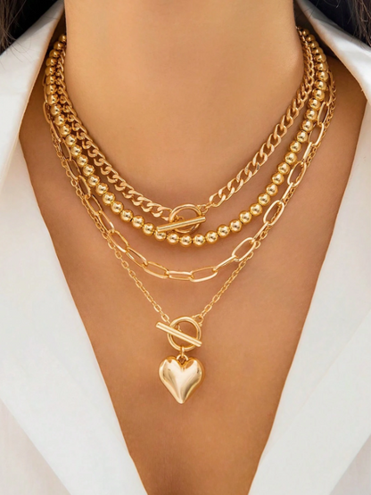 4-Piece Gold Layered Heart Pendant Necklace Set for Women – Stackable, Beaded & OT Clasp Chains