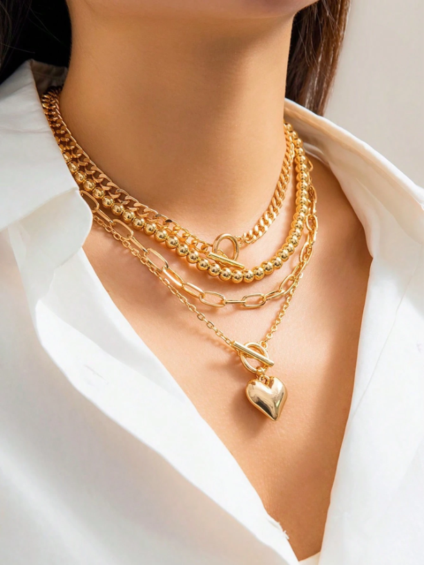 4-Piece Gold Layered Heart Pendant Necklace Set for Women – Stackable, Beaded & OT Clasp Chains