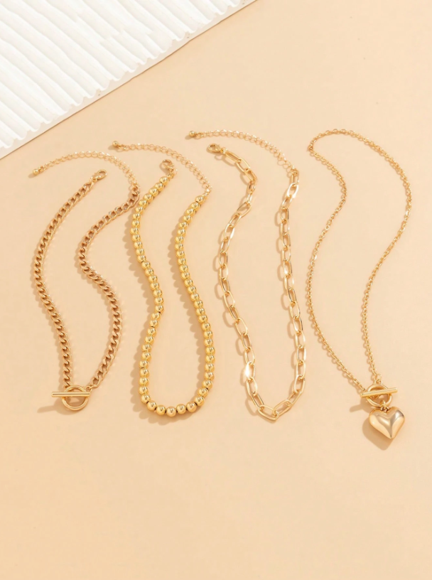 4-Piece Gold Layered Heart Pendant Necklace Set for Women – Stackable, Beaded & OT Clasp Chains