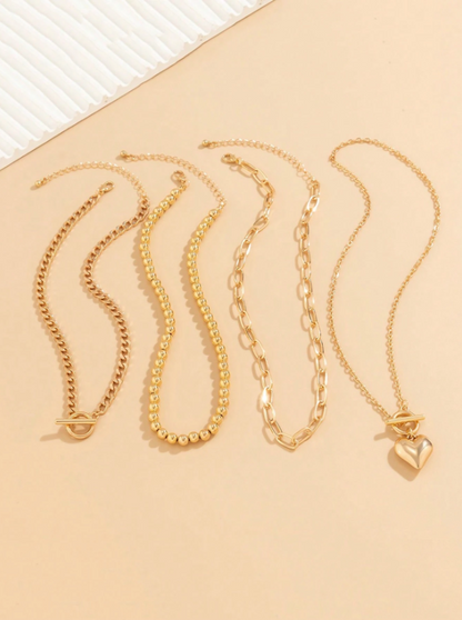 4-Piece Gold Layered Heart Pendant Necklace Set for Women – Stackable, Beaded & OT Clasp Chains