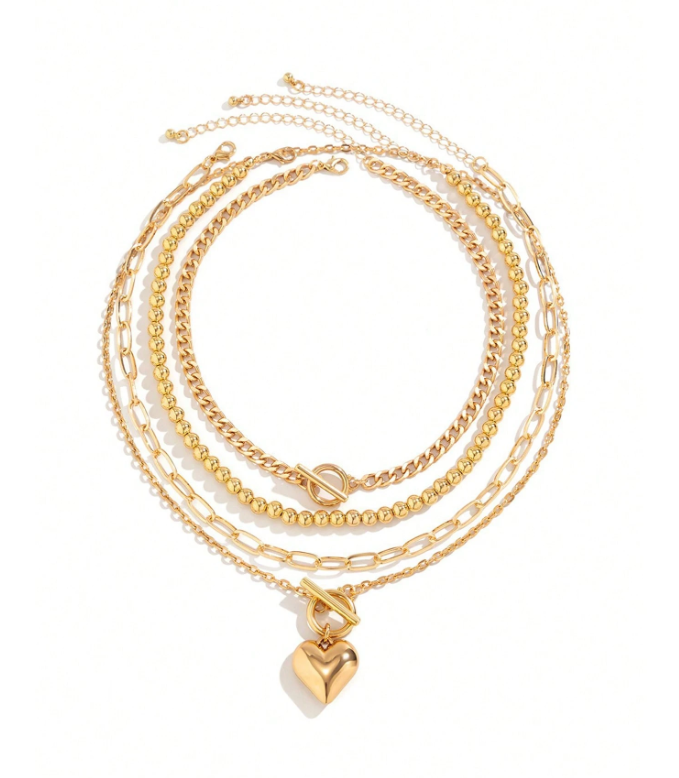 4-Piece Gold Layered Heart Pendant Necklace Set for Women – Stackable, Beaded & OT Clasp Chains