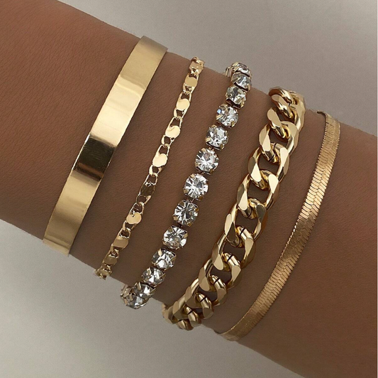 5pcs Bohemian Golden Bracelet Set | Beaded & Layered Bangles | Trendy Summer Party Jewelry