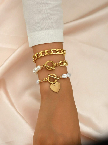 3pcs Set Faux Pearl Beaded Heart Pendant Bracelet | Layered OT Clasp Chain & Charm Set for Daily & Party Wear