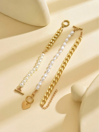 3pcs Set Faux Pearl Beaded Heart Pendant Bracelet | Layered OT Clasp Chain & Charm Set for Daily & Party Wear