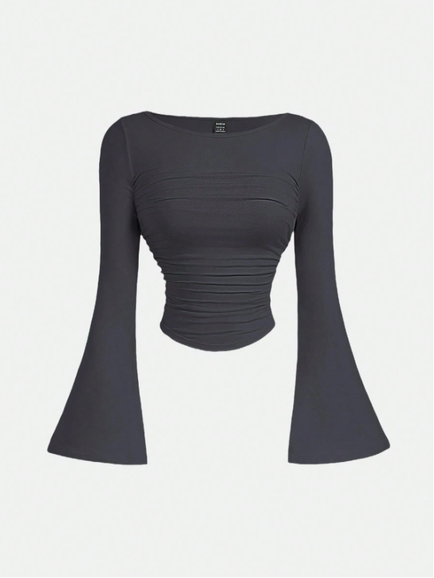 Boat Neck Bell Sleeve Waist Ruched Casual T-Shirt , Bell Sleeve Top