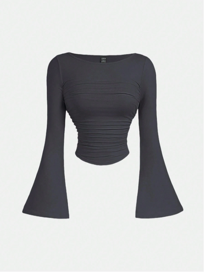 Boat Neck Bell Sleeve Waist Ruched Casual T-Shirt , Bell Sleeve Top