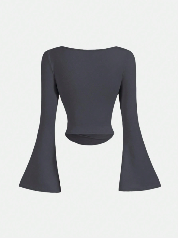 Boat Neck Bell Sleeve Waist Ruched Casual T-Shirt , Bell Sleeve Top