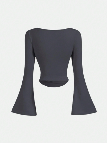 Boat Neck Bell Sleeve Waist Ruched Casual T-Shirt , Bell Sleeve Top