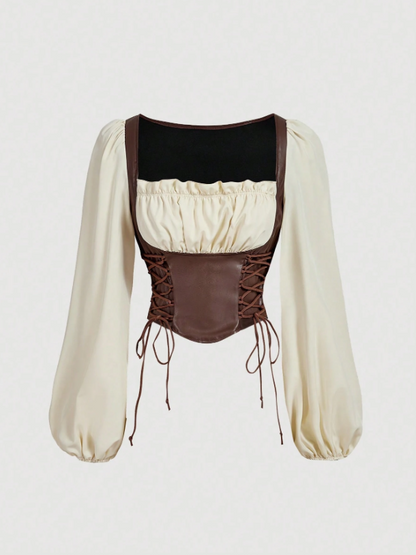 PU Patchwork Lantern Sleeve Crop Top | Vintage Square-Neck Lace-Up Witchy Aesthetic Blouse