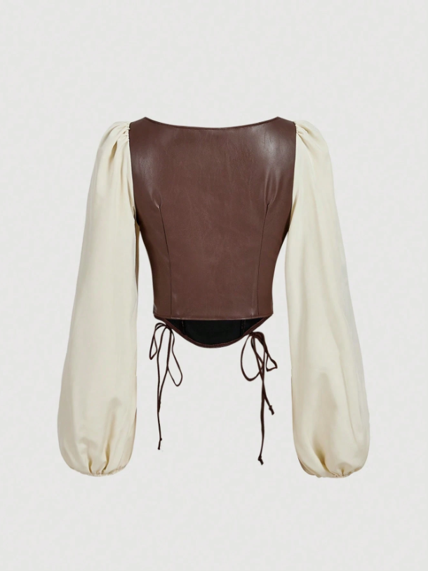 PU Patchwork Lantern Sleeve Crop Top | Vintage Square-Neck Lace-Up Witchy Aesthetic Blouse