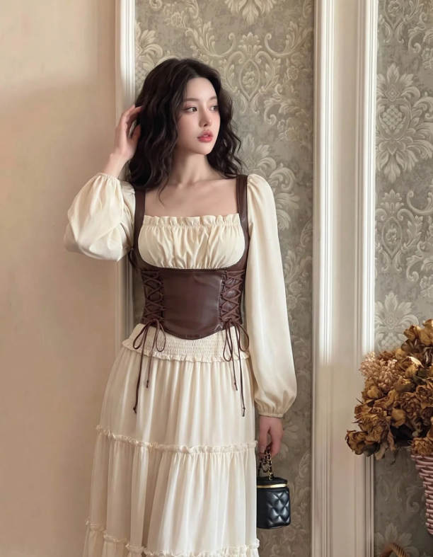 PU Patchwork Lantern Sleeve Crop Top | Vintage Square-Neck Lace-Up Witchy Aesthetic Blouse