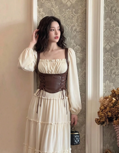 PU Patchwork Lantern Sleeve Crop Top | Vintage Square-Neck Lace-Up Witchy Aesthetic Blouse