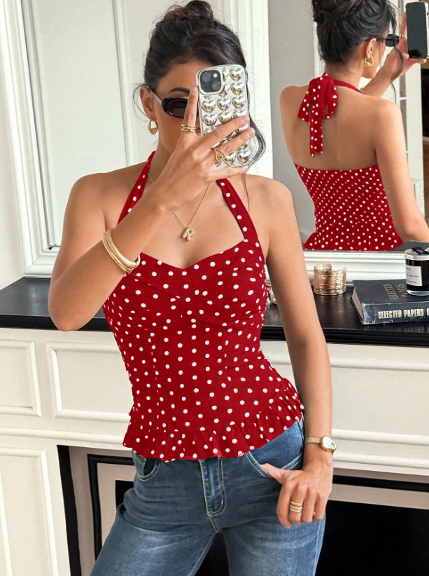 Polka Dot Bow Halter Top