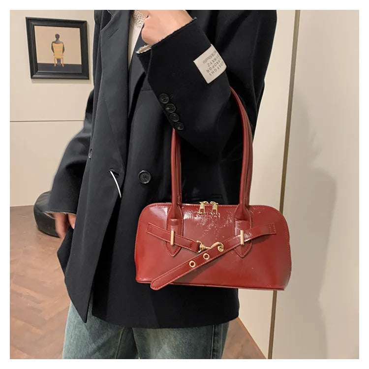 Retro PU Leather Shoulder Bag – Large Capacity Underarm Bowling Style Handbag