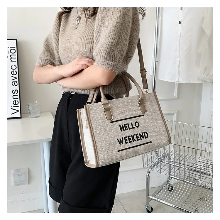 Women’s Canvas Shoulder Tote Bag – Stylish Letter Print, Large Capacity Travel & Student Bookbag