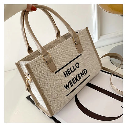 Women’s Canvas Shoulder Tote Bag – Stylish Letter Print, Large Capacity Travel & Student Bookbag