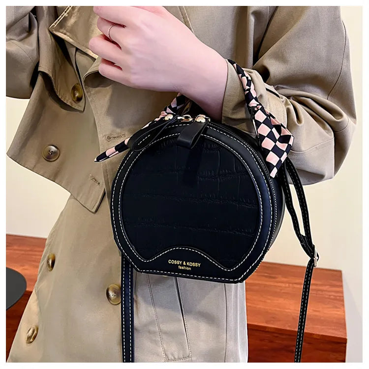 Small Round Crossbody Handbag – Check Pattern PU Leather, Zipper Closure