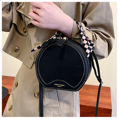 Small Round Crossbody Handbag – Check Pattern PU Leather, Zipper Closure