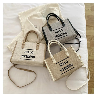 Women’s Canvas Shoulder Tote Bag – Stylish Letter Print, Large Capacity Travel & Student Bookbag