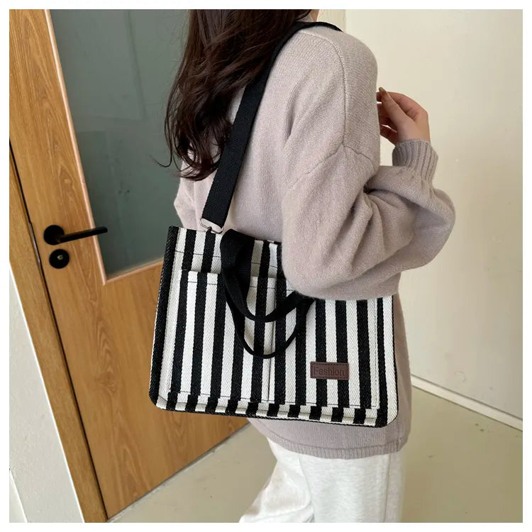 Women’s Striped Canvas Tote Bag – Large Capacity Shoulder & Crossbody Travel Handbag with Magnetic Closure