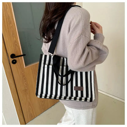 Women’s Striped Canvas Tote Bag – Large Capacity Shoulder & Crossbody Travel Handbag with Magnetic Closure