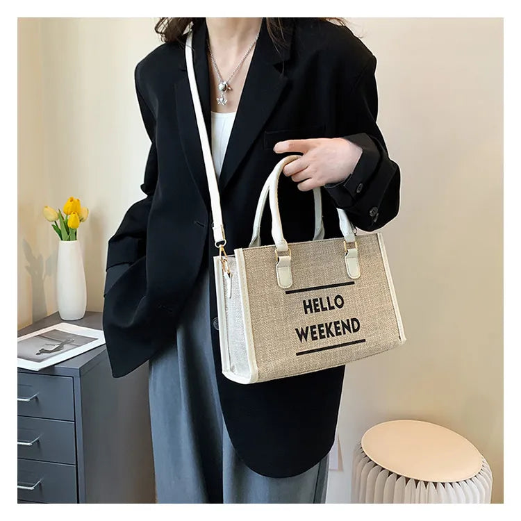 Women’s Canvas Shoulder Tote Bag – Stylish Letter Print, Large Capacity Travel & Student Bookbag