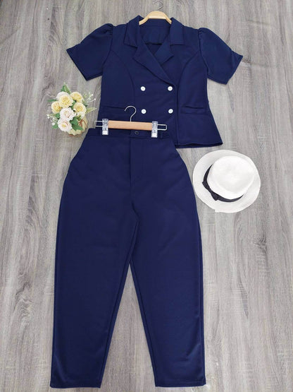 Plus Size Co-ord Set | 4-Button Blazer Top & Wool Pants | Elegant Two-Piece