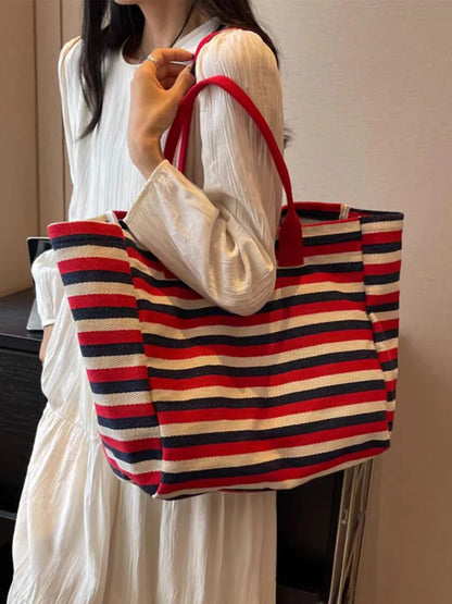 Striped Canvas Large Capacity Tote Bag – Elegant Casual Shoulder Handbag for Work, Travel & Daily Use
