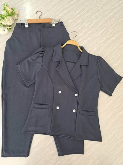 Plus Size Co-ord Set | 4-Button Blazer Top & Wool Pants | Elegant Two-Piece