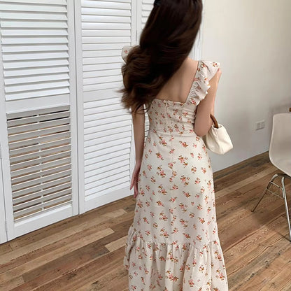 Cream Floral Ruffle Strap Maxi Dress with Side Slit