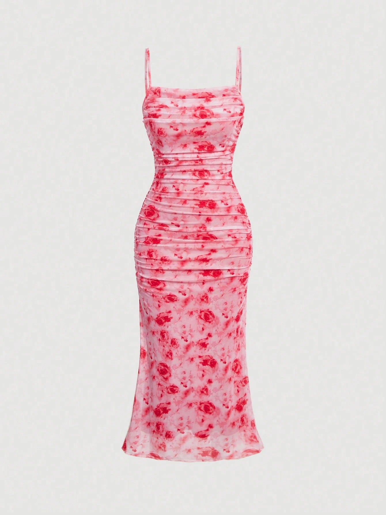 Shop Fashzeo’s Red Floral Ruched Midi Dress! Get the viral snatched look with dreamy mesh fabric. Perfect for dates & brunch in India. Buy yours today!