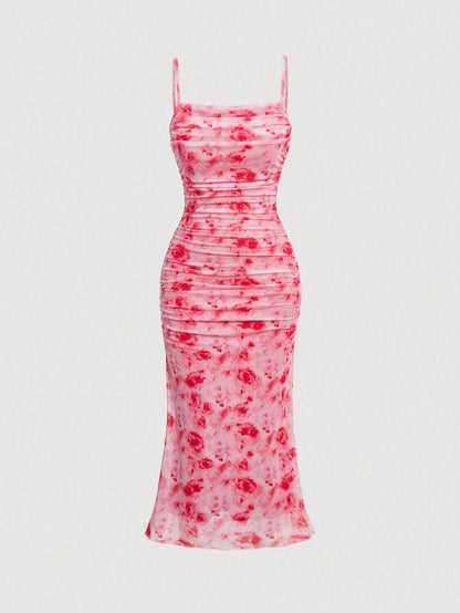 Shop Fashzeo’s Red Floral Ruched Midi Dress! Get the viral snatched look with dreamy mesh fabric. Perfect for dates & brunch in India. Buy yours today!