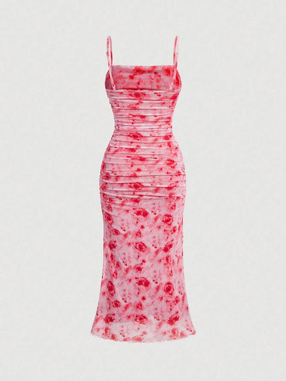 Shop Fashzeo’s Red Floral Ruched Midi Dress! Get the viral snatched look with dreamy mesh fabric. Perfect for dates & brunch in India. Buy yours today!1