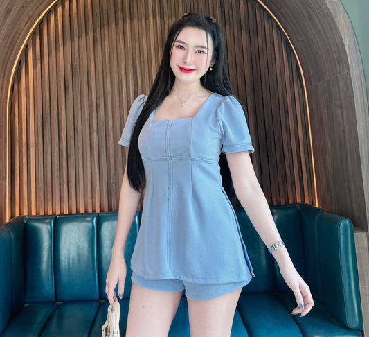 Trendy Wool Wave Fabric Set - Square Neck Side Slit Top & Matching Pants