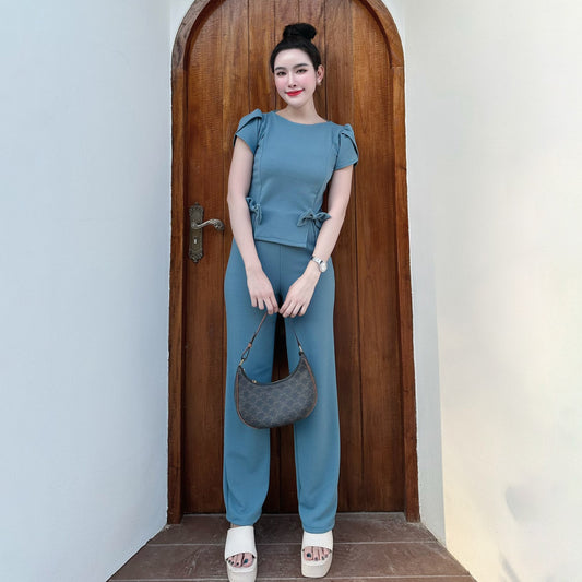 Wool Wave Co-ord Set with Rose Sleeve Bow Top & Wide-Leg Pants | Trendy Two-Piece Outfit