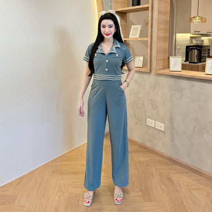 Wool Wave Co-ord Set with Collared Crop Top & Smocked Waist Pants | Chic Two-Piece Outfit