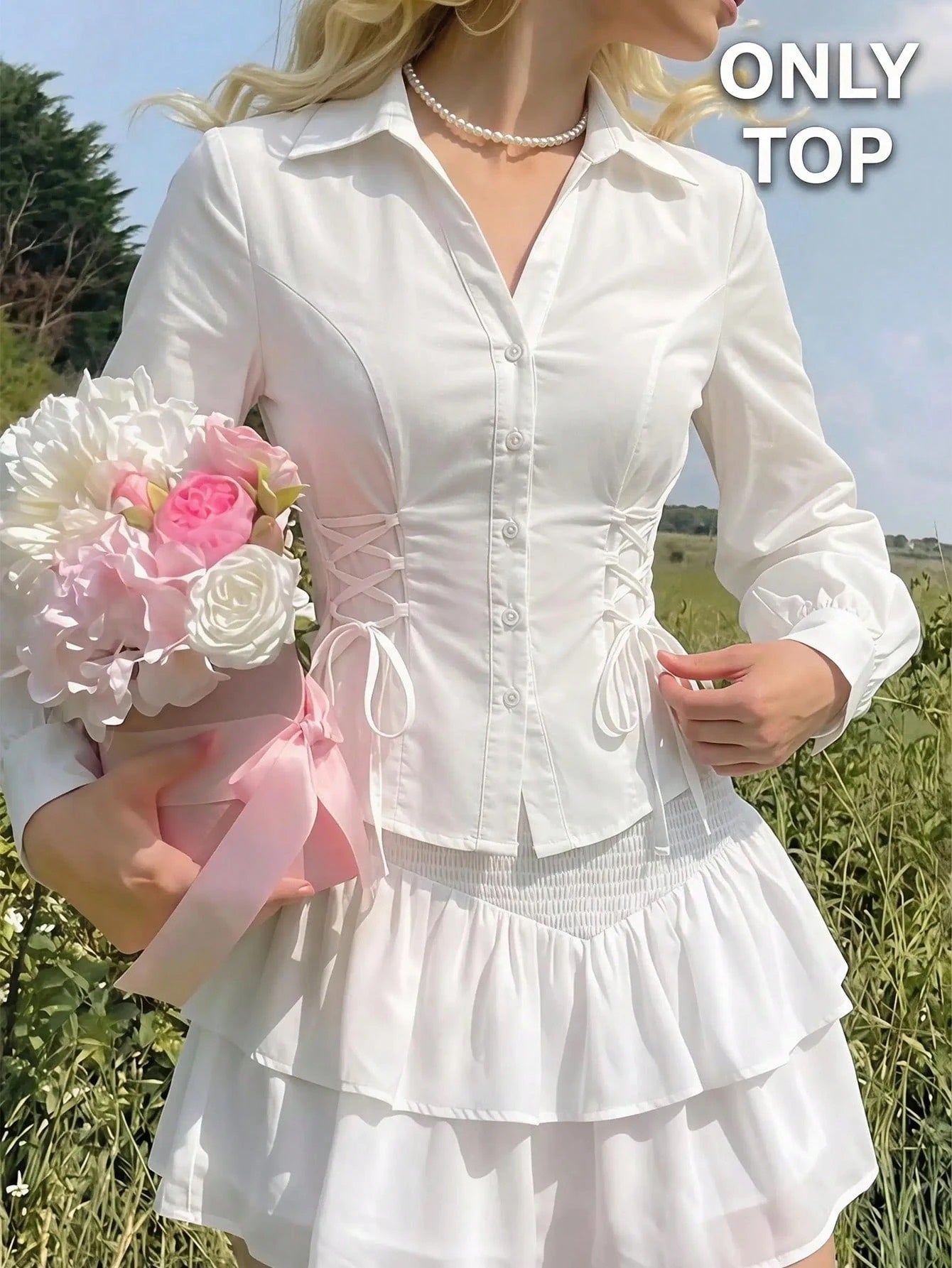 Solid color white button-down shirt with lapel collar, lantern sleeves, and waist lace-up corset ties laid flat