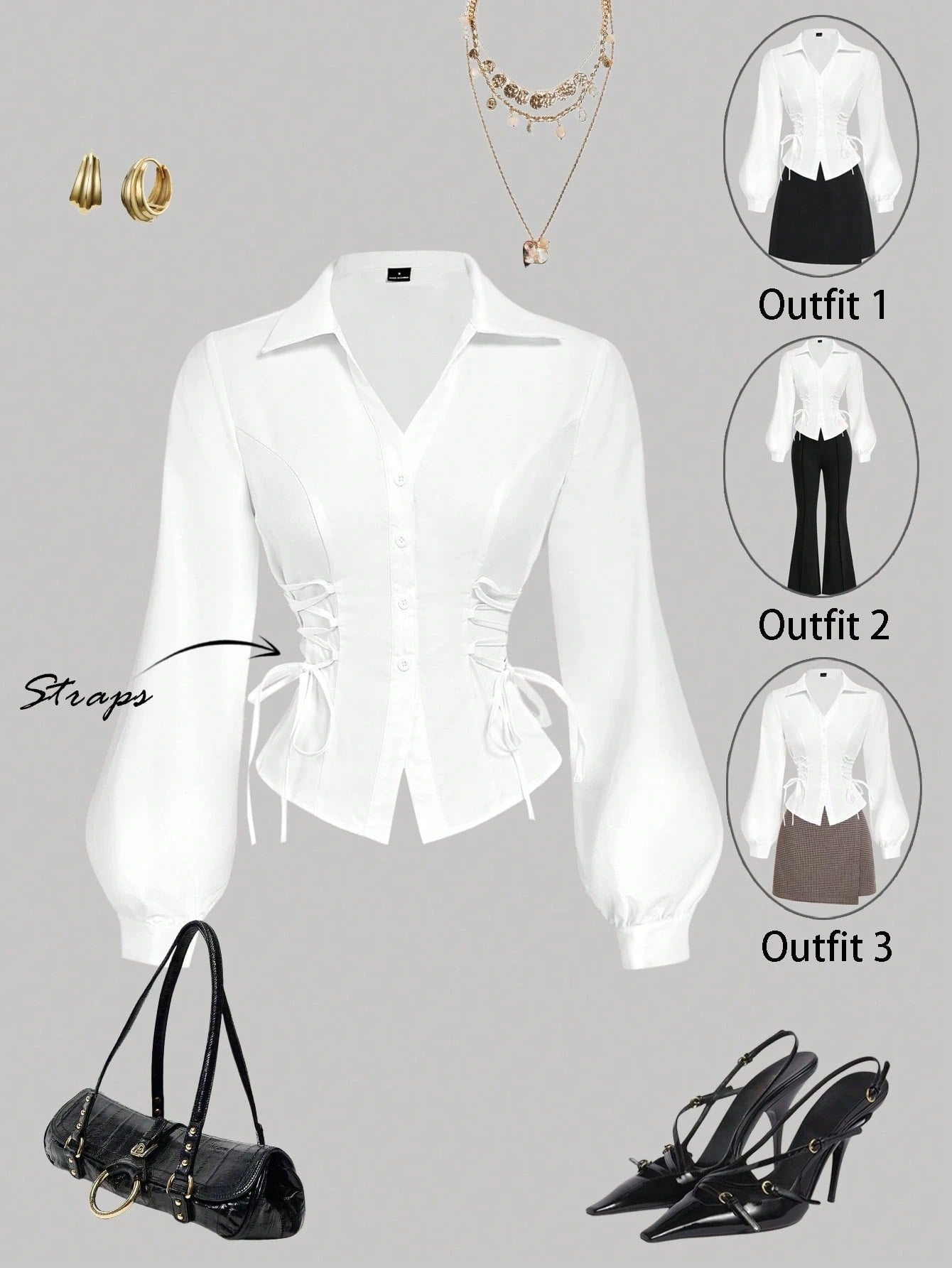 Solid color white button-down shirt with lapel collar, lantern sleeves, and waist lace-up corset ties laid flat