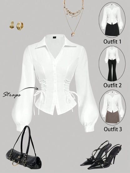 Solid color white button-down shirt with lapel collar, lantern sleeves, and waist lace-up corset ties laid flat