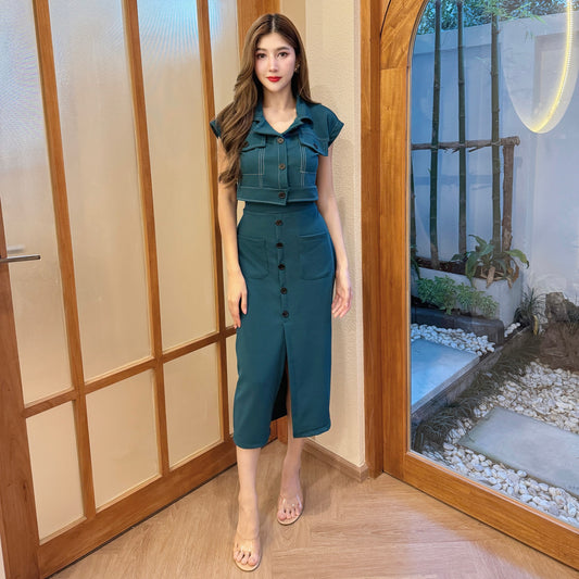 Wool Wave Skirt Co-ord Set with Button-Down Crop Top & Front Slit | Trendy Two-Piece Outfit