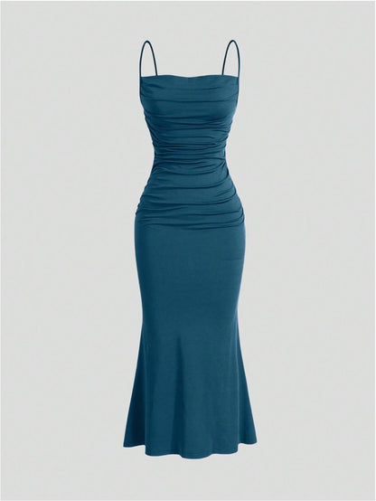 Elegant Pleated Mermaid Cami Maxi Dress – Ruched Backless Slip Dress for Evening & Parties