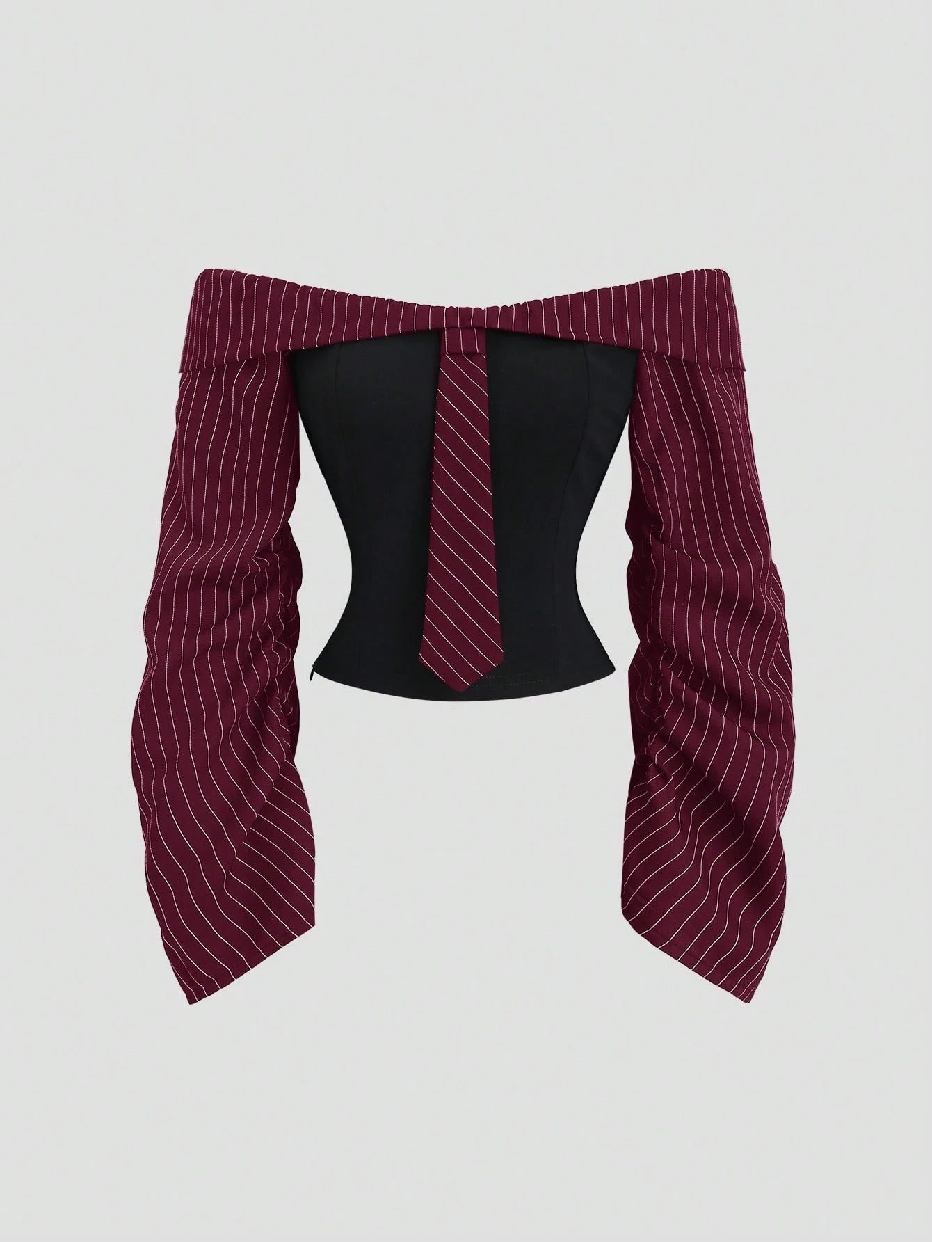 Two-tone off-shoulder black top with striped maroon sleeves and an attached necktie detail laid flat against a neutral background