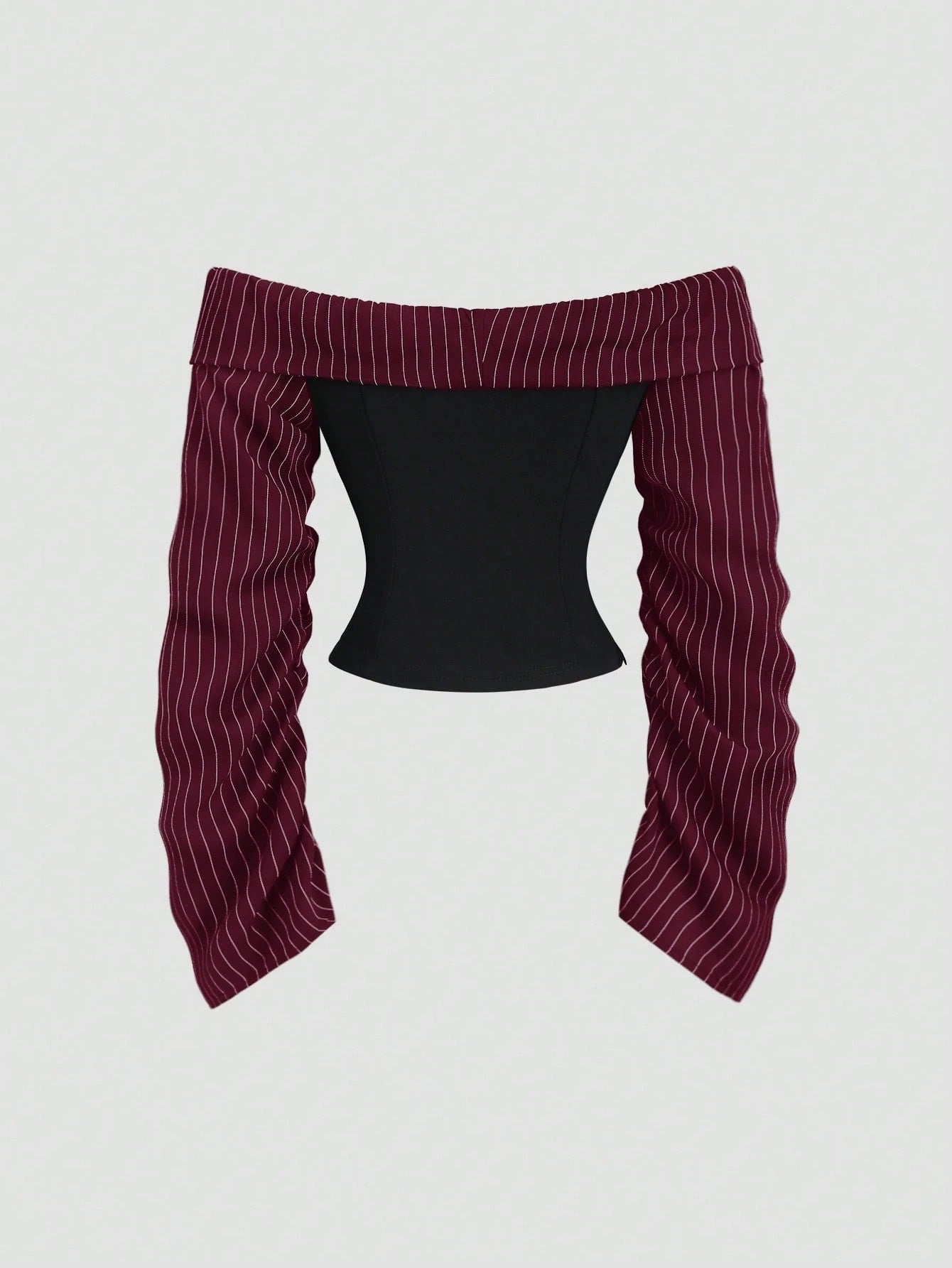 Two-tone off-shoulder black top with striped maroon sleeves and an attached necktie detail laid flat against a neutral background