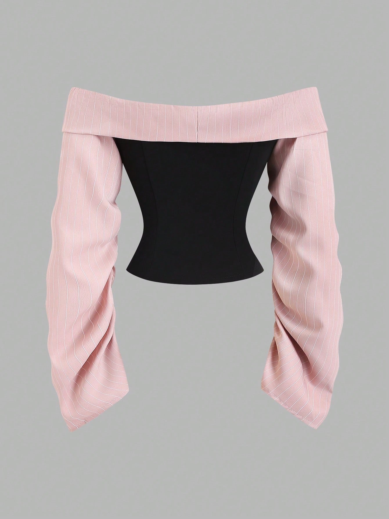 Two-tone off-shoulder black top with striped pink sleeves and an attached necktie detail laid flat against a neutral background